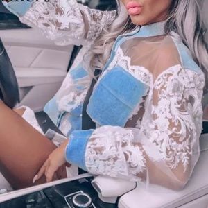 Sexy lace shirt white baby blue